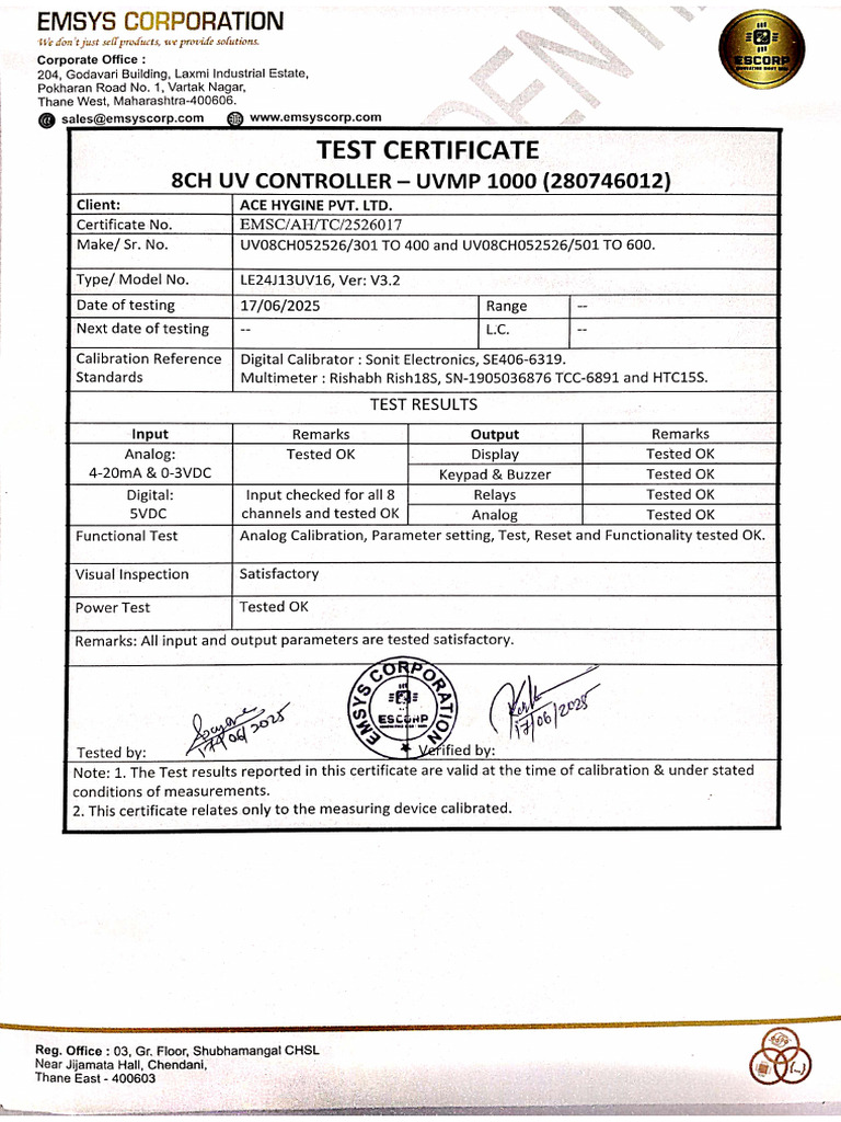Test Certificate - Controller, Uvmp1000 - 200 Nos. | PDF