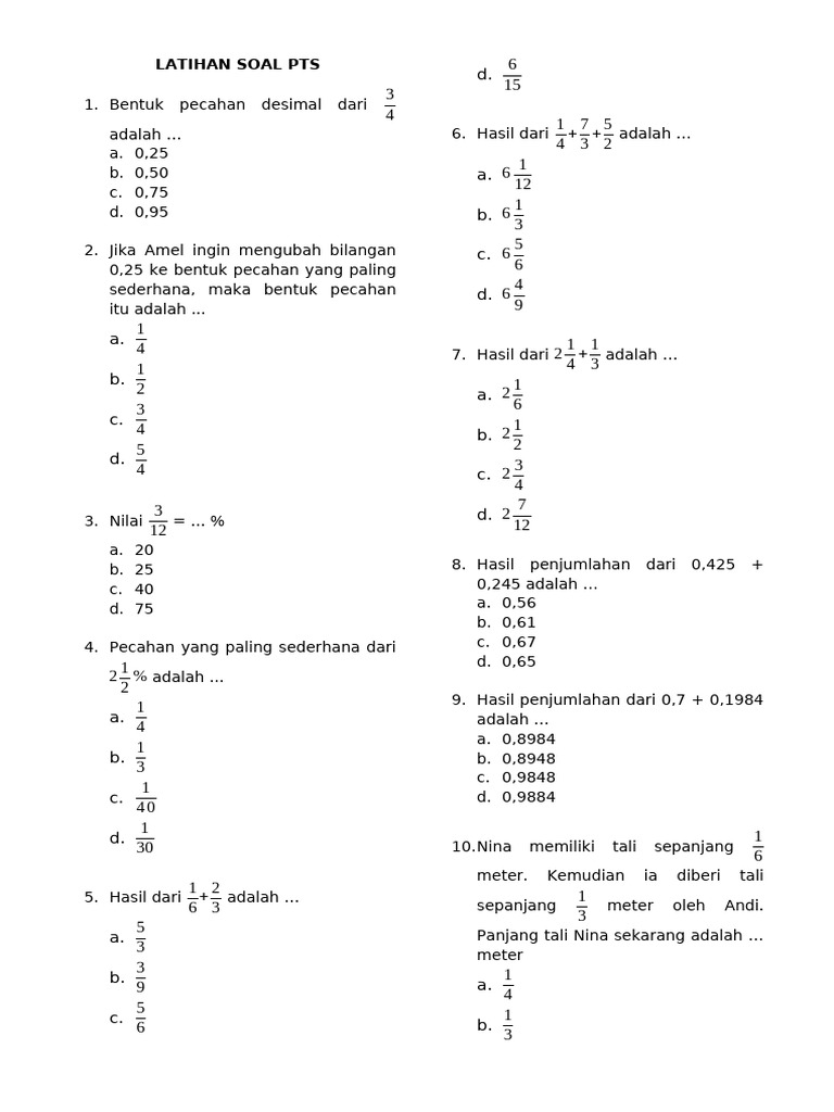 Latihan Soal PTS Pecahan dan Desimal | PDF