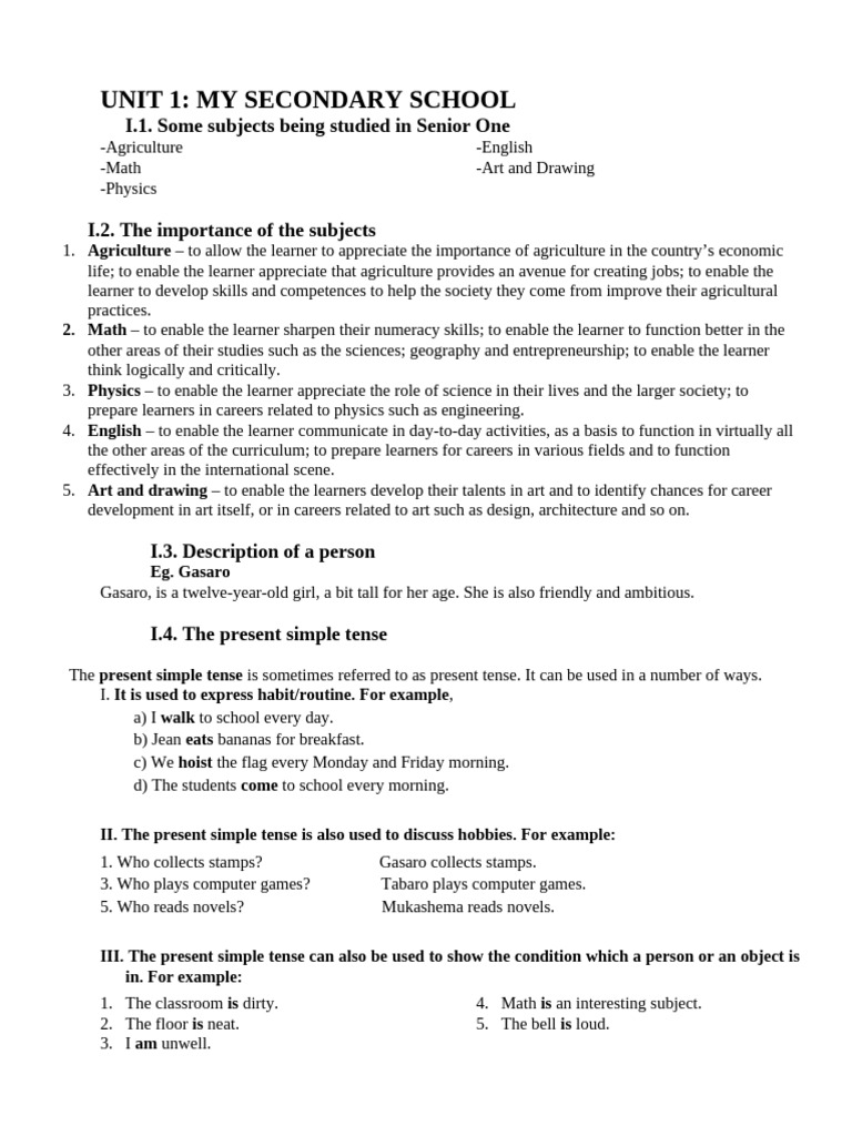Senior One English Study Guide | PDF | Verb | Adjective