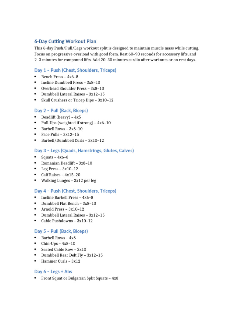 6-Day Cutting Workout Plan PDF | PDF