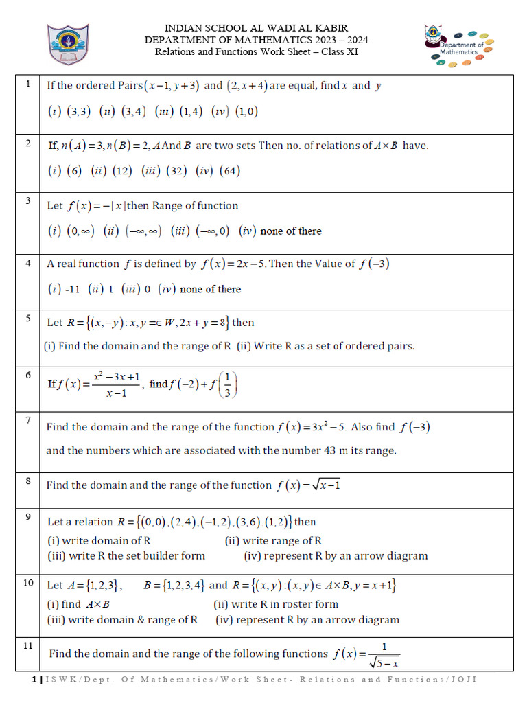 Class XI Relations and Functions Worksheet | PDF