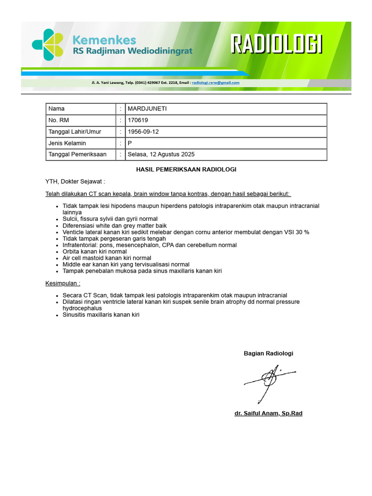 Hasil CT Scan Kepala Mardjuneti 2025 | PDF