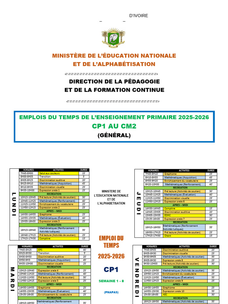 Emploi du temps primaire 2025-2026 | PDF | Linguistique | Communication ...