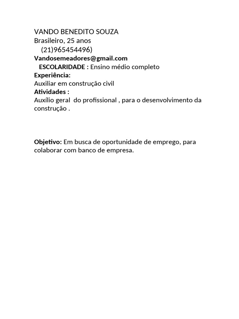 Currículo de Vando Benedito Souza | PDF