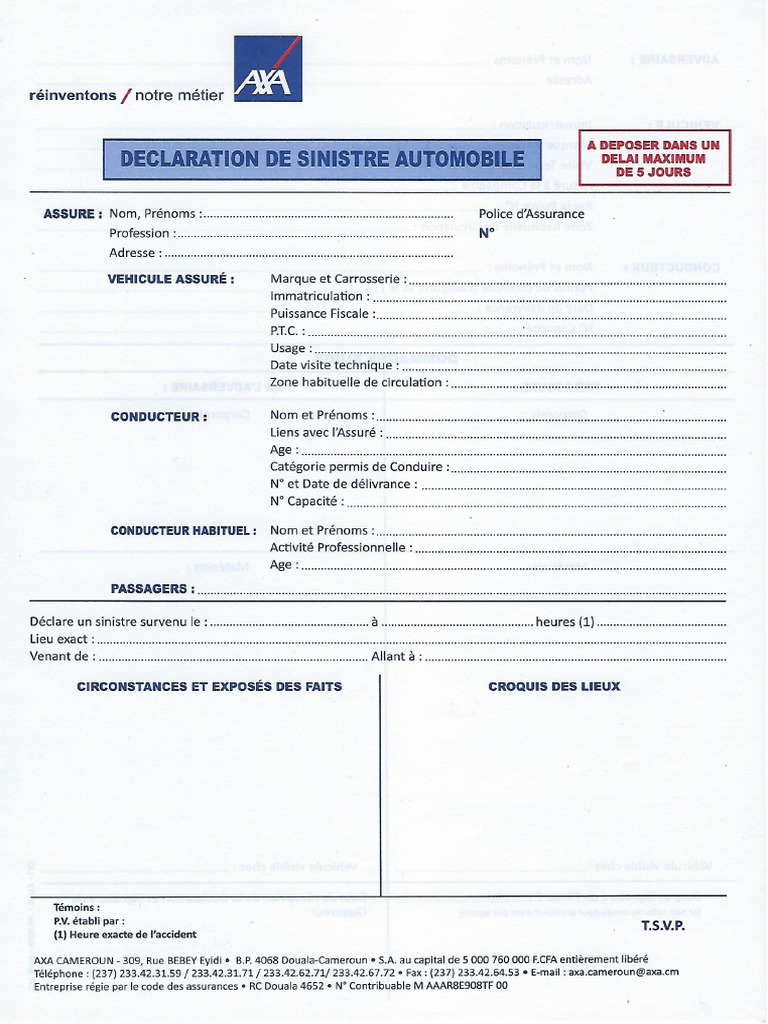 AXA Fiche de Declaration Sinistre Automobile | PDF