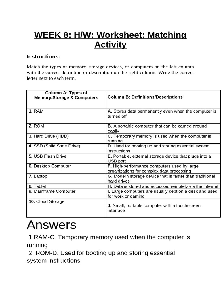 Memory and Storage Matching Worksheet | PDF | Computer Data Storage ...