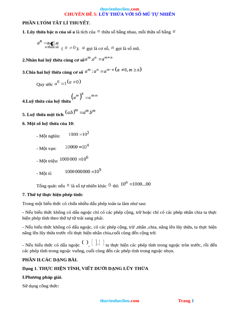 Chuyen de 5 Luy Thua Voi So Mu Tu Nhien Toan 6 | PDF