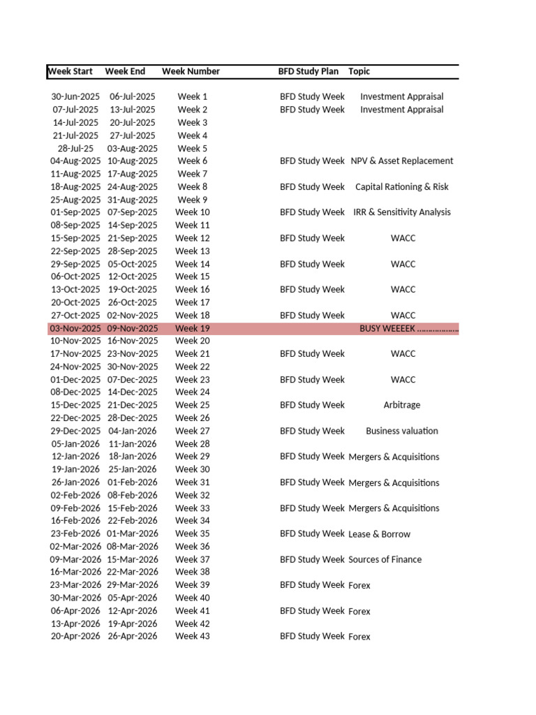 BFD Study Plan Schedule 2025-2026 | PDF | Financial Accounting ...