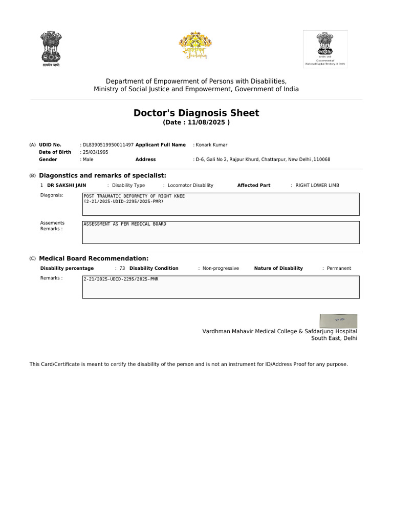 Doctor's Disability Diagnosis Certificate | PDF
