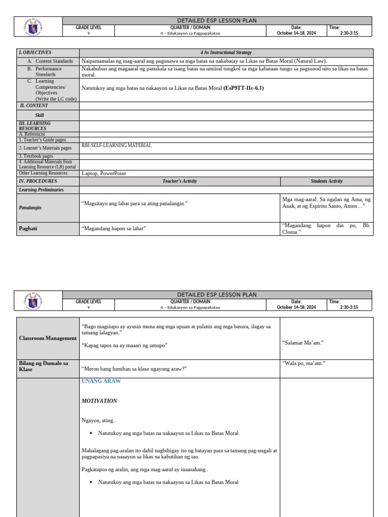 (Esp9Tt-Iic-6.1) : Detailed Esp Lesson Plan | PDF