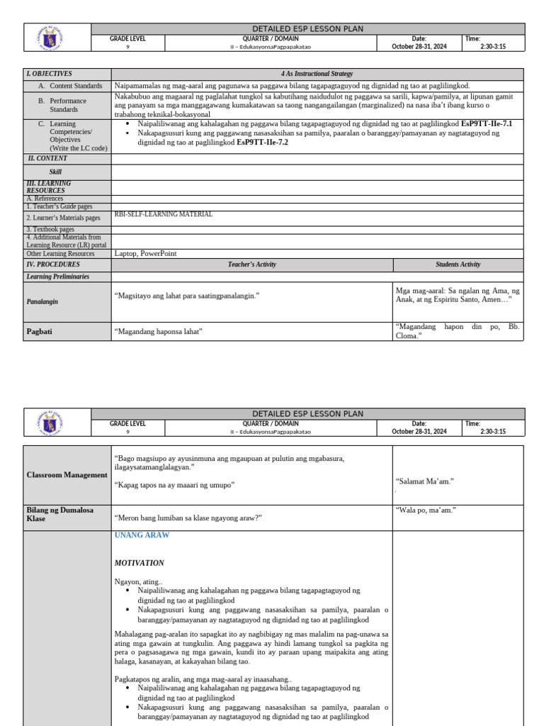 Esp9Tt-Iie-7.1 Esp9Tt-Iie-7.2: Detailed Esp Lesson Plan | PDF