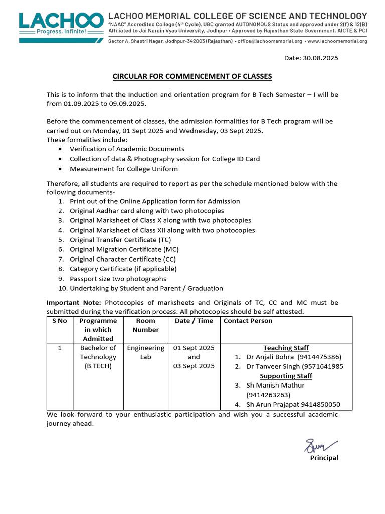 B Tech Induction Schedule 2025 | PDF