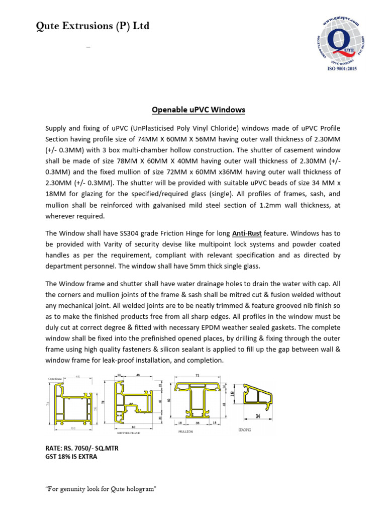 Openable uPVC Windows Specifications | PDF | Window | Polyvinyl Chloride
