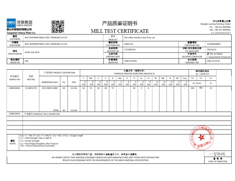 Hot Rolled Stainless Steel Certificate | PDF | Steel | Materials