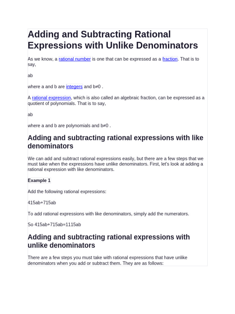 Adding and Subtracting Rational Expressions With Unlike Denominators ...