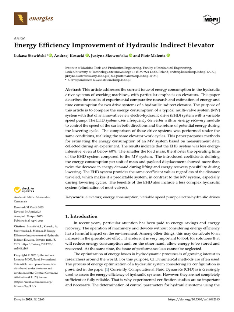 Energy Efficiency in Hydraulic Elevators | PDF | Energy Storage | Elevator