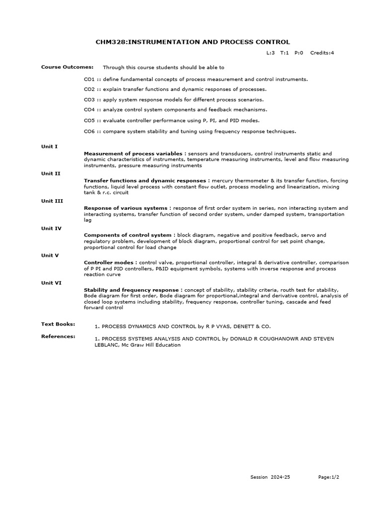CHM328: Process Control Syllabus | PDF | Control Theory | Mechanics