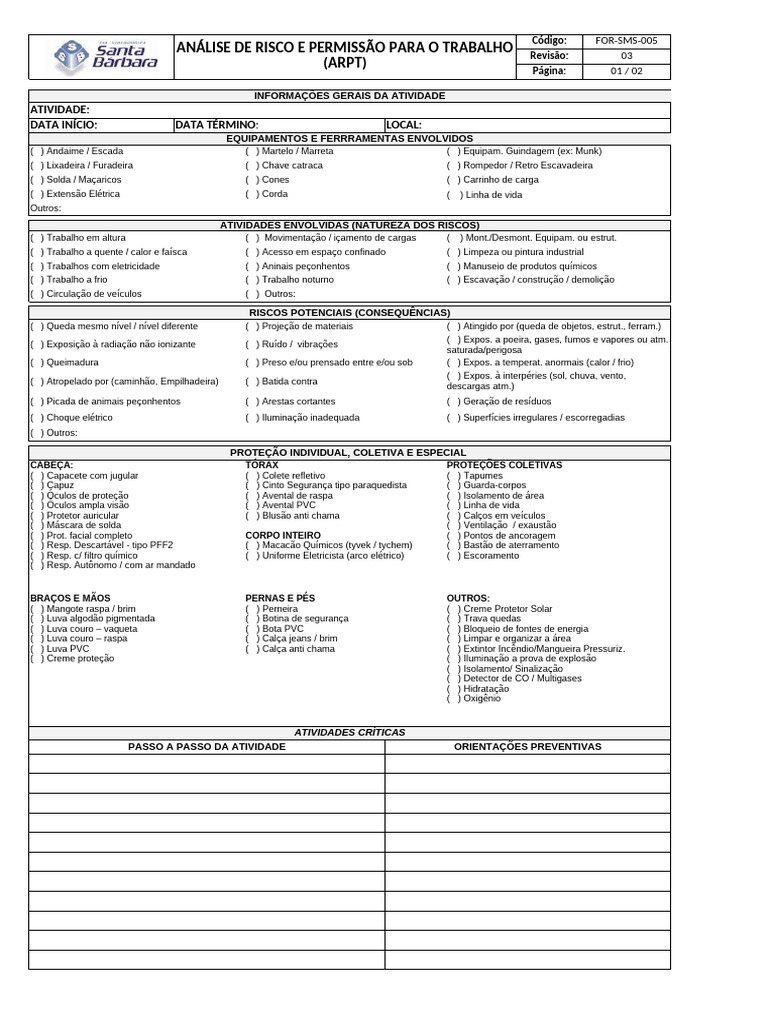 FOR-SMS-005 - Rev03 - ARPT - Análise de Risco e Permissão para Trabalho ...