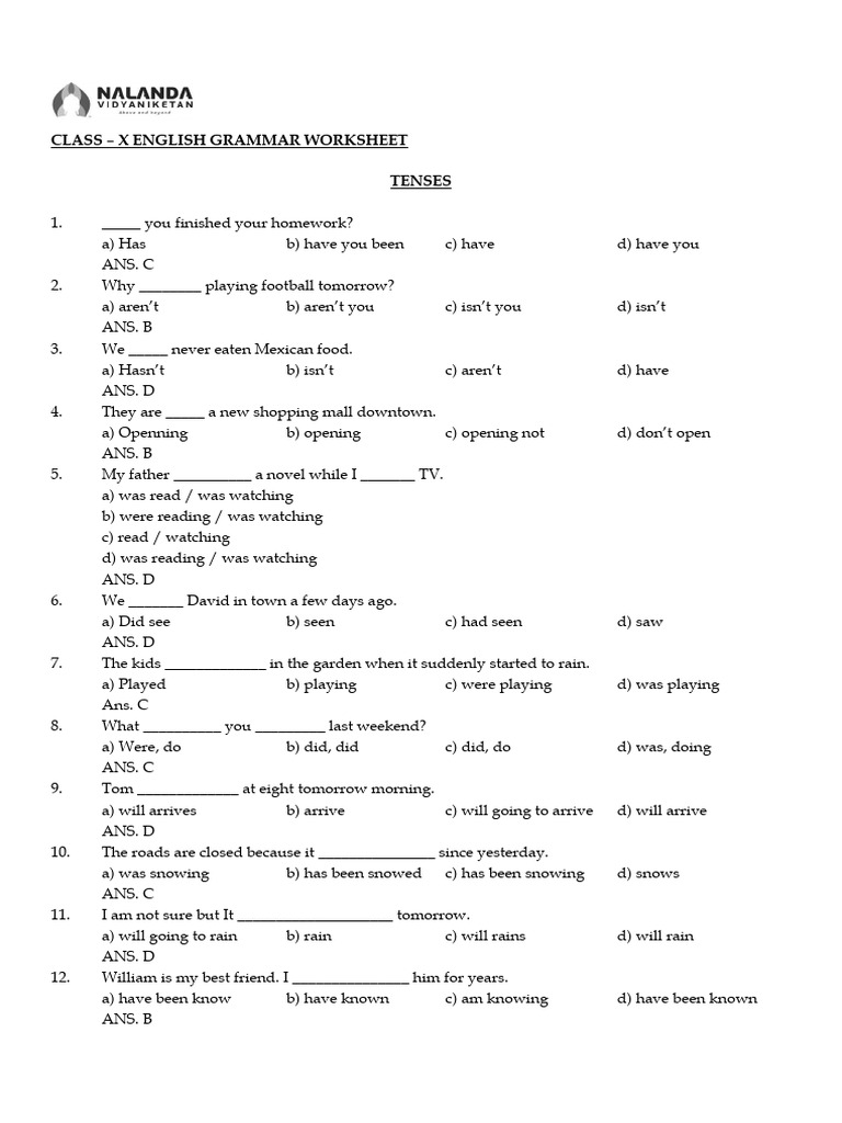 Class - X English Grammar Worksheet | PDF