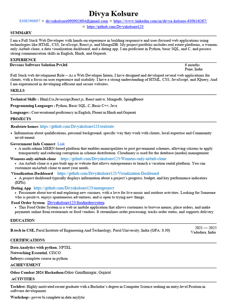 Full Stack Web Developer Profile | PDF | Java Script | Application Software