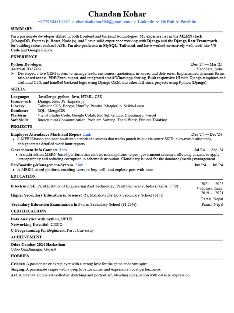 MERN Stack Developer Resume Summary | PDF | My Sql | Python ...