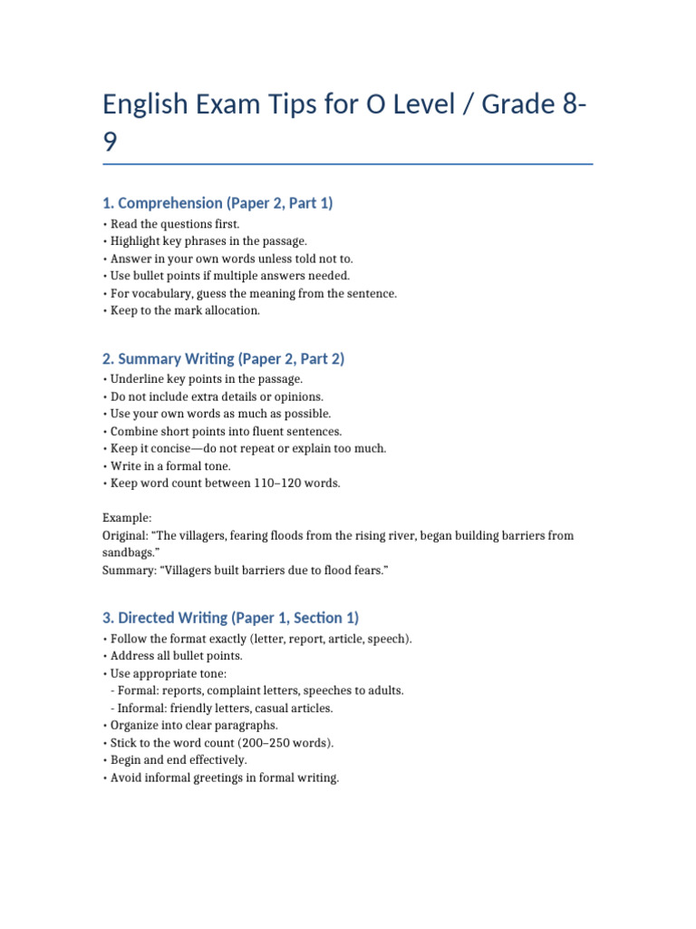 O Level English Exam Preparation Tips | PDF
