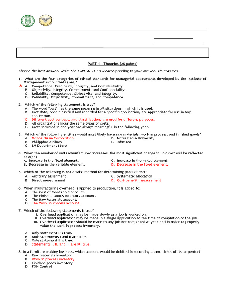 Cost Accounting Exam Instructions | PDF | Cost Of Goods Sold | Inventory