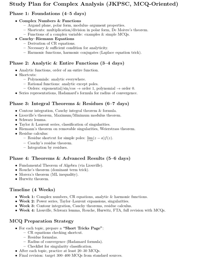 Complex Analysis Study Plan & MCQs | PDF | Complex Analysis ...