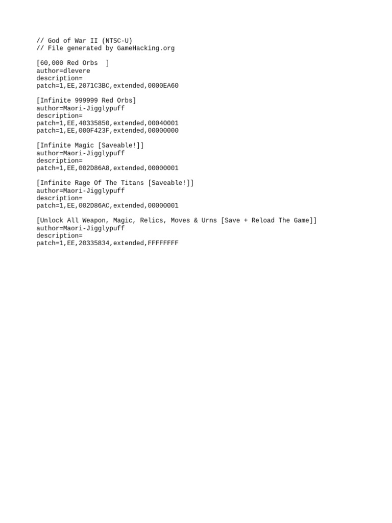 God of War II PNACH Cheat Codes | PDF
