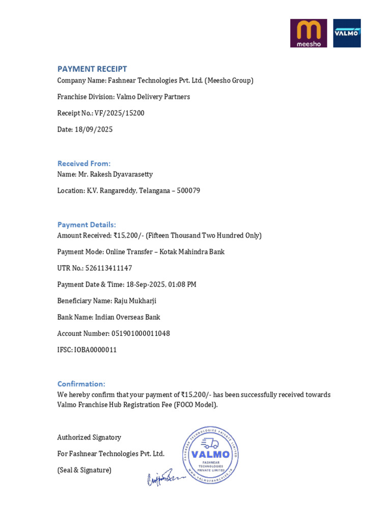 Valmo Franchise Payment Receipt | PDF