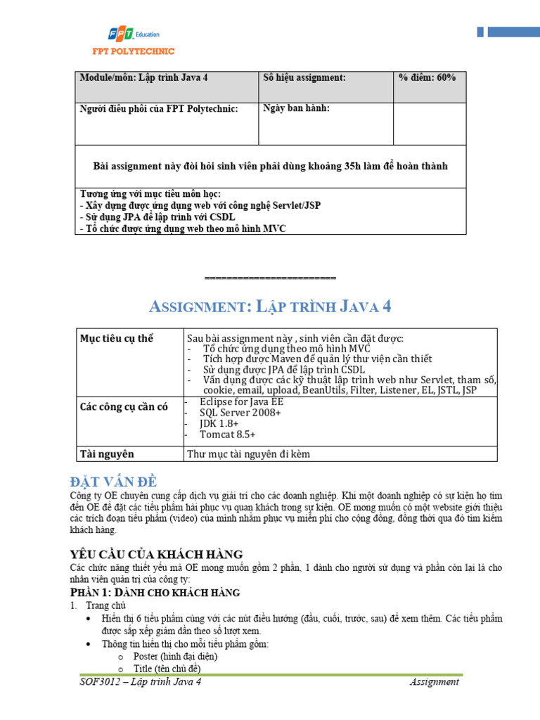 SOF3012 - Lap Trinh Java 4 - Assignment | PDF