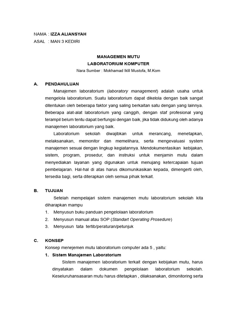 Manajemen Mutu Laboratorium Sekolah | PDF
