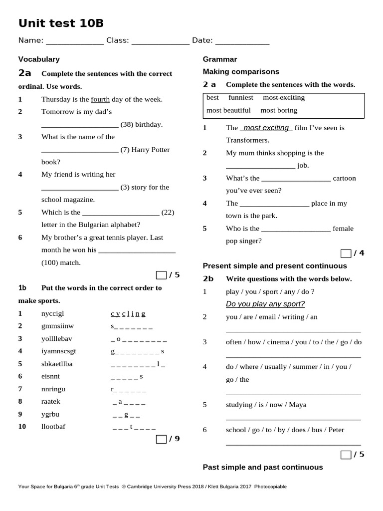 6th Grade Unit Test on Vocabulary and Grammar | PDF | Syntax | Languages