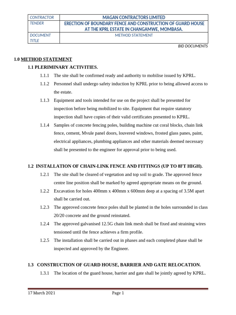 Boundary Fence & Guard House Method Statement | PDF | Specification ...