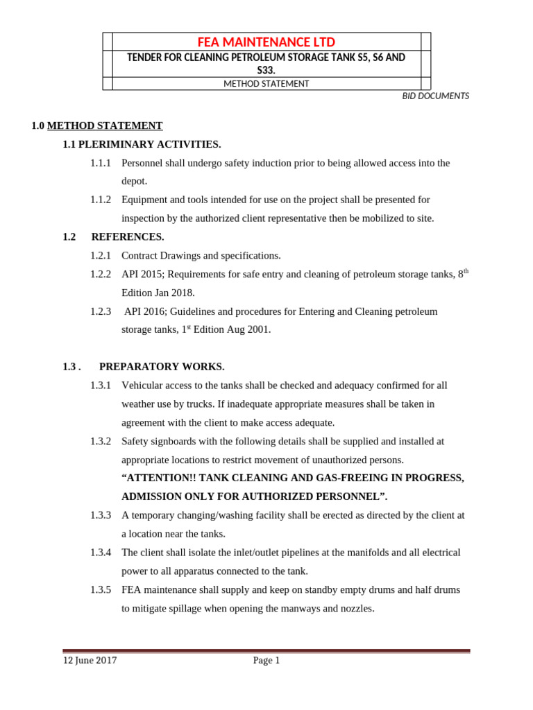Petroleum Tank Cleaning Method Statement | PDF