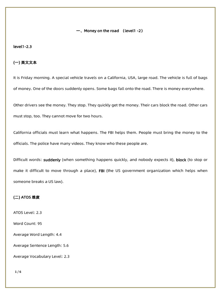 02.小白补差阅读词汇1：Money+on+the+Road+Level1 2 | PDF | Chess Openings | Chess