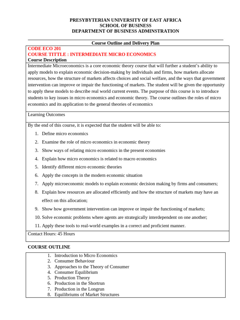 Course Outline Eco 201 Intermediate Micro Economics | PDF ...