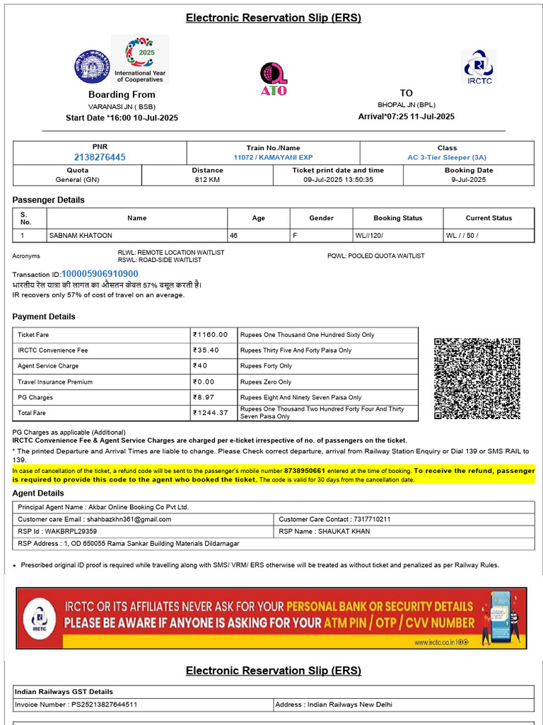 Varanasi to Bhopal Train Ticket Details | PDF | Identity Document