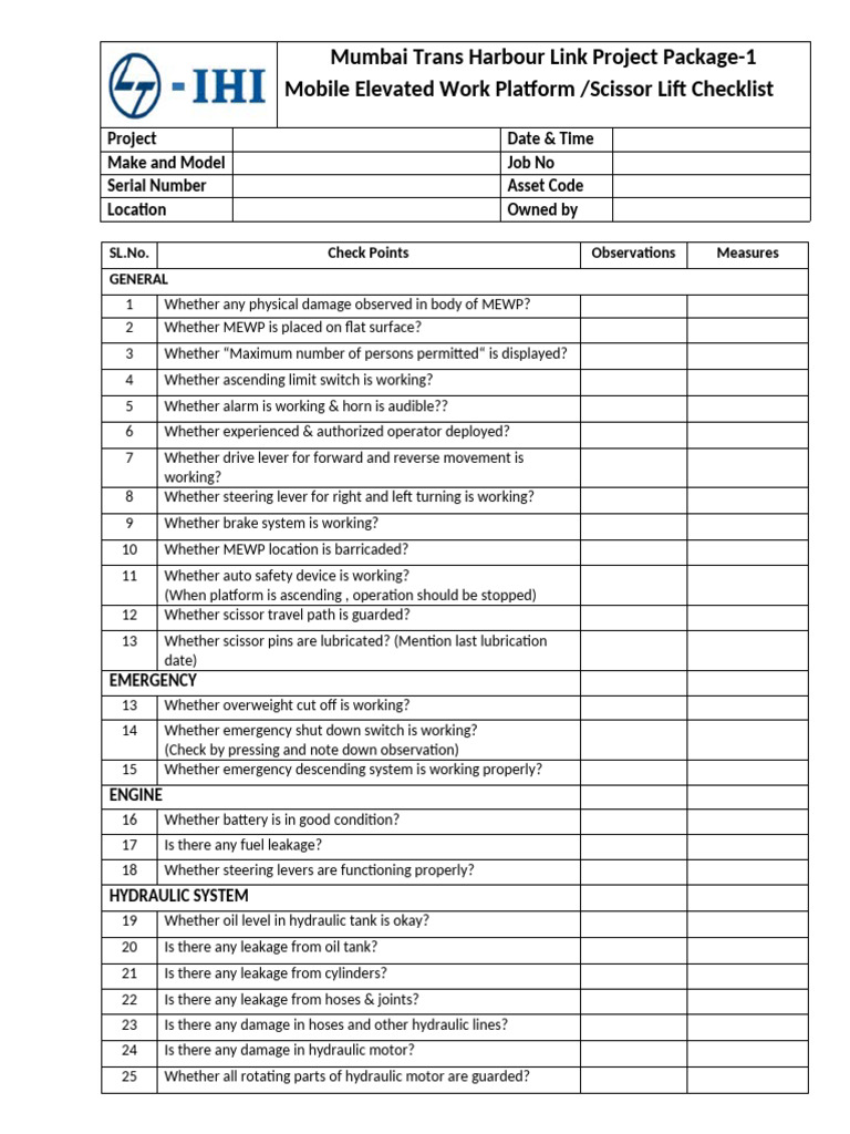 Moblie Elevated Platform - Scissor Lift Checklist | PDF | Manufactured ...