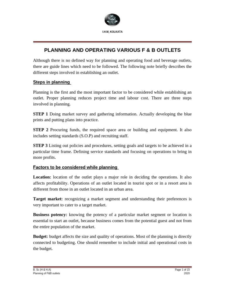 Planning of F&B Outlet | PDF | Menu | Lighting