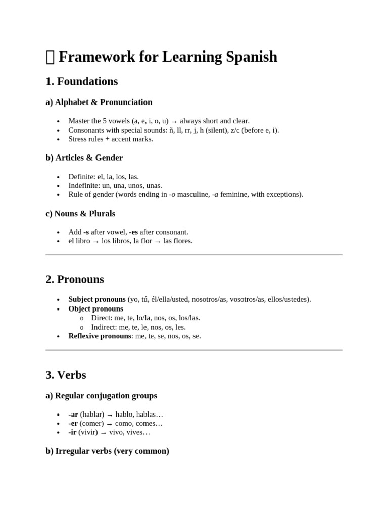 Spanish Learning Framework Guide | PDF | Verb | Grammatical Gender