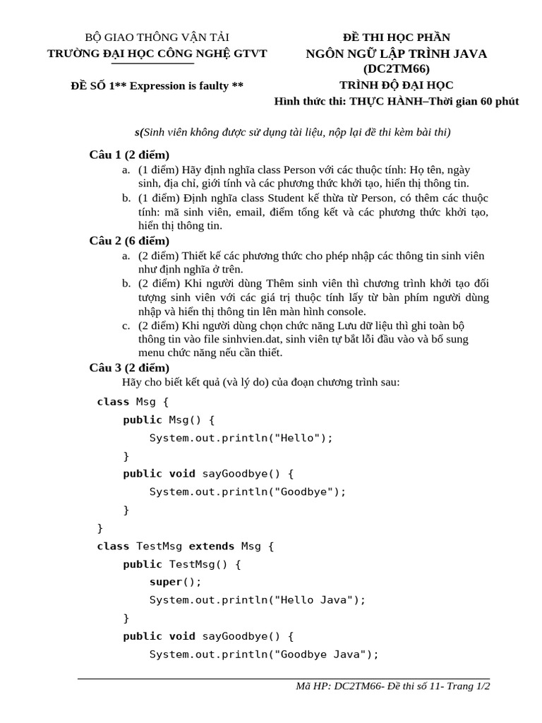 De-thi-Java-c C6 A1-B E1 BA A3n-2021 - C4 90HHT-TT 20 - 20SONNT 201 | PDF