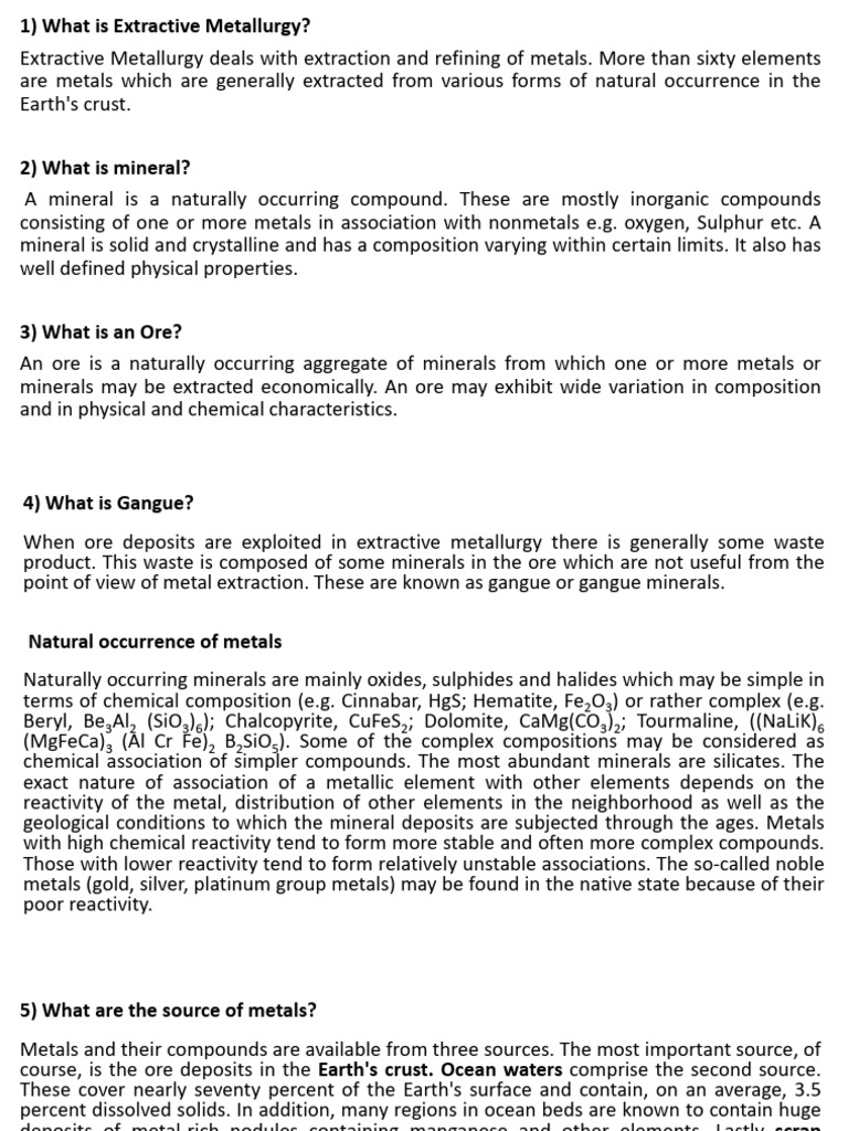 Extractive Metallurgy: Processes and Sources | PDF | Metals | Ore