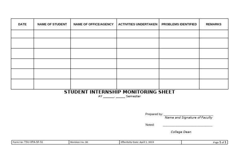 Student Internship Monitoring Sheet | PDF
