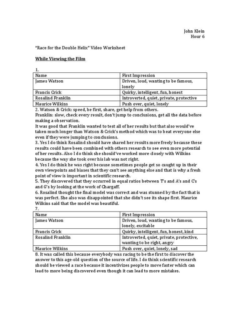 worksheet Dna The Double Helix Worksheet Answers race for the double helix francis crick james watson