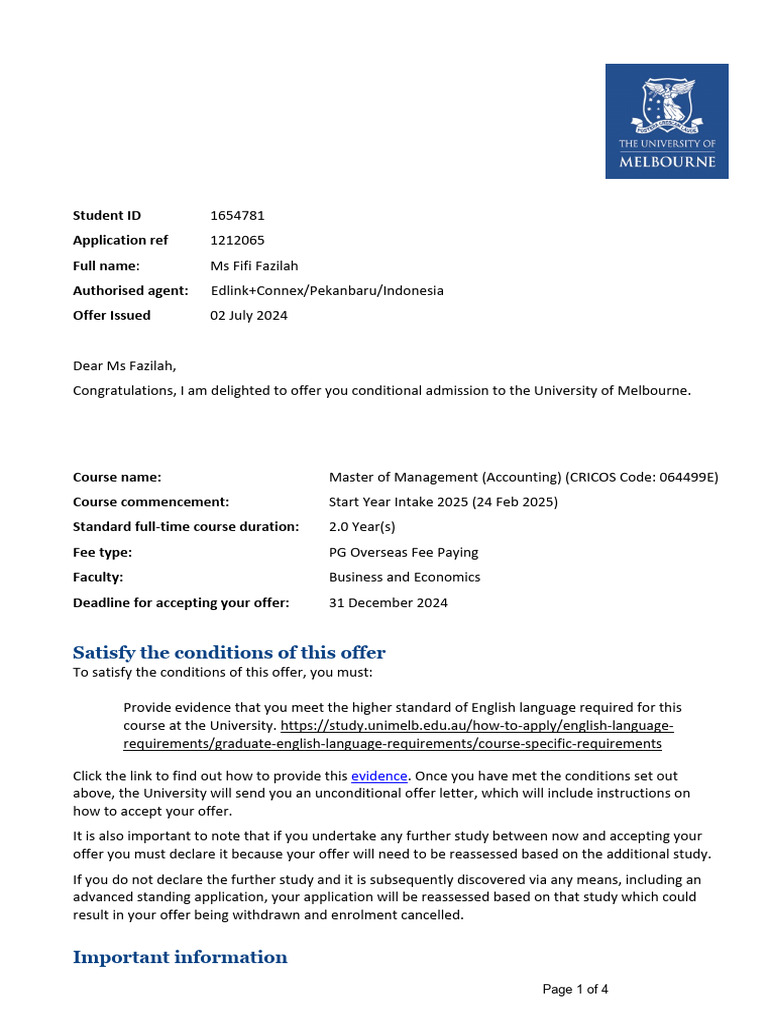 Conditional Admission Offer: Master of Management | PDF | University