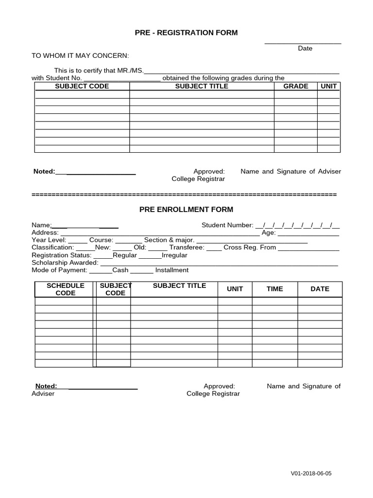 Pre-Registration and Enrollment Form | PDF