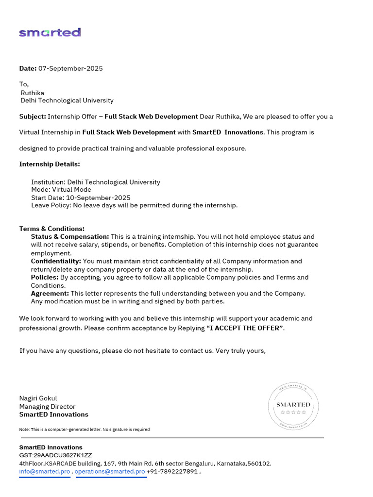 Offer Letter - Ruthika Full Stack Web Development | PDF