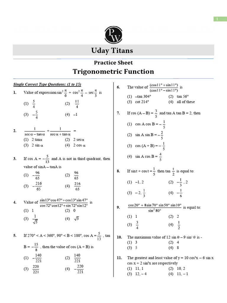 Trigonometric Functions Practice Sheet | PDF | Chess Theory | Chess