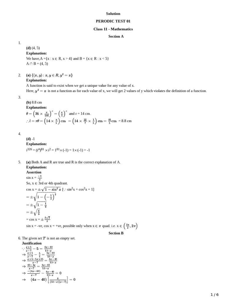 Class 11 Mathematics Periodic Test Solutions | PDF